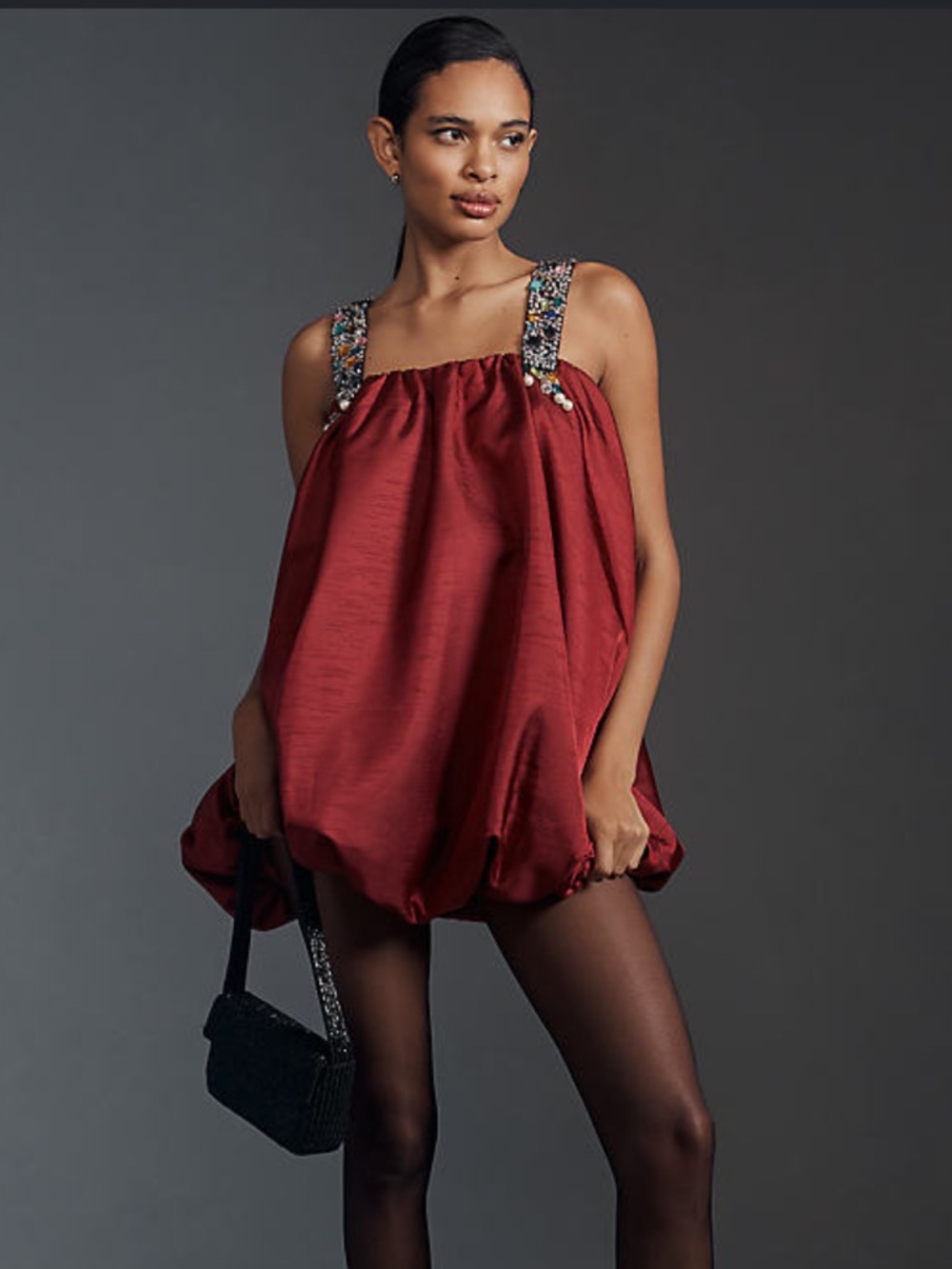Anthropologie Embellished-Strap Bubble Dress in Burgundy with Sequin Straps